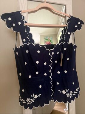 Anthropologie Maeve Navy Scallop Edge Floral Embroidered Top. Brand new with tag